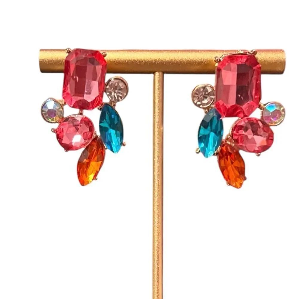 💎2/$30💎 Elegant Multicolor Gemstone Crystal Gold Tone Stud Earrings